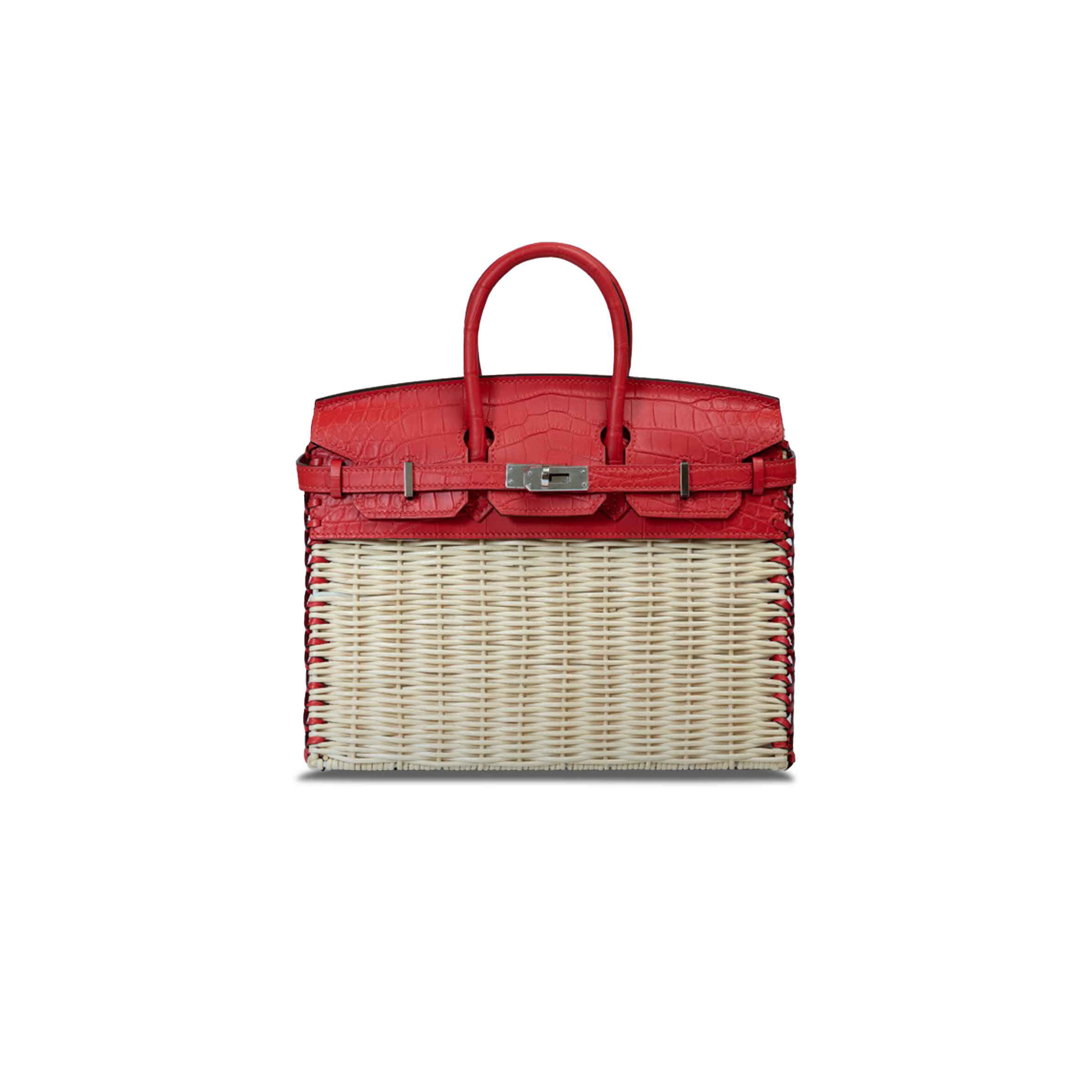 HERMÈS MASTER BIRKIN 25 PICNIC BAG AZALEA RED CROCODILE LEATHER AND WOVEN WICKER BAG H082668CK09 (25*20*13cm)